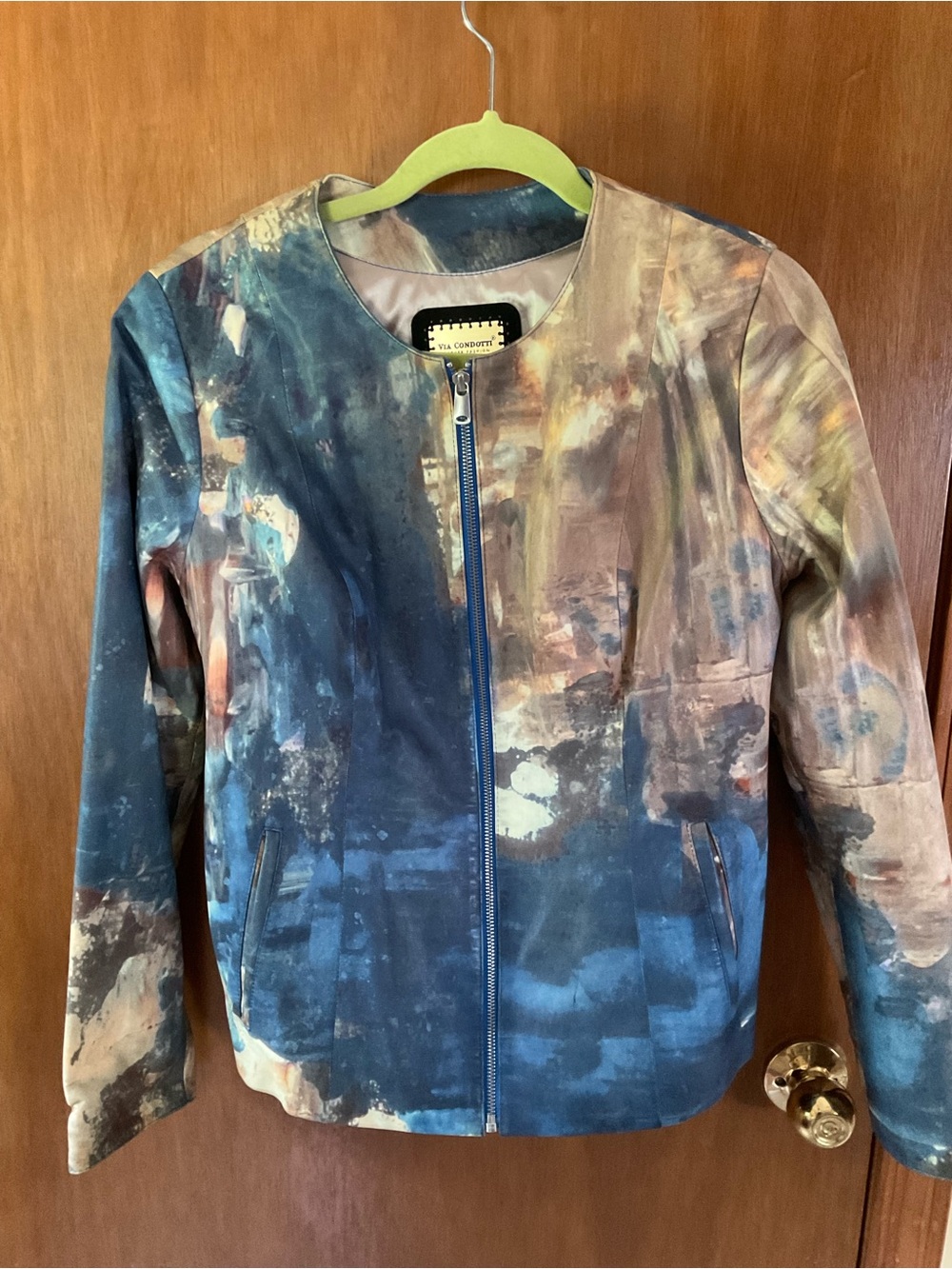 Via Condotti Multicolor Abstract Print Leather Jacket in Blue and Brown